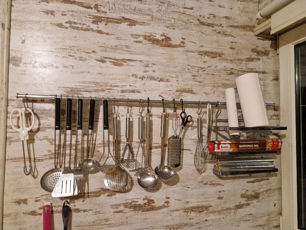 Een compleet keukenrek met keukengerei aan haken en rek, Huis en Inrichting, Ophalen, IKEA, Zilver, Metaal
