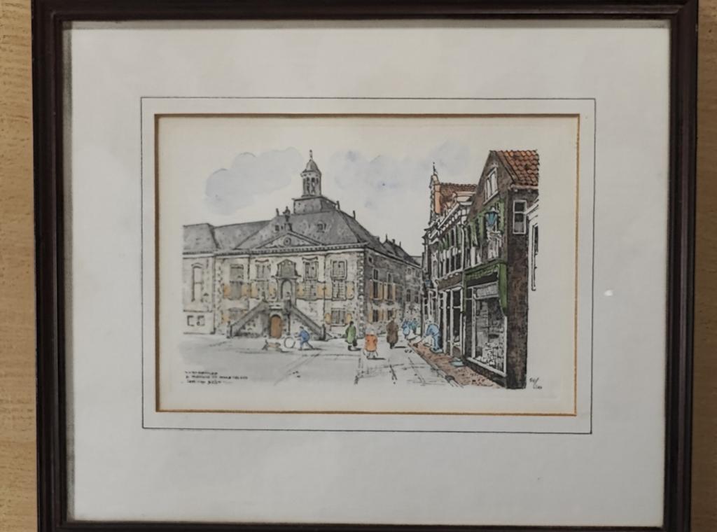 Lithografie Jos van Dijk - Stadhuis en Markt Vlaardingen, Antiek en Kunst, Ophalen of Verzenden