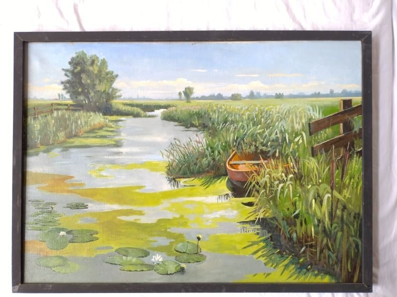 Schilderij Vaart met boot en hek, Maritiem / water, Doek, Ophalen of Verzenden, Olieverf