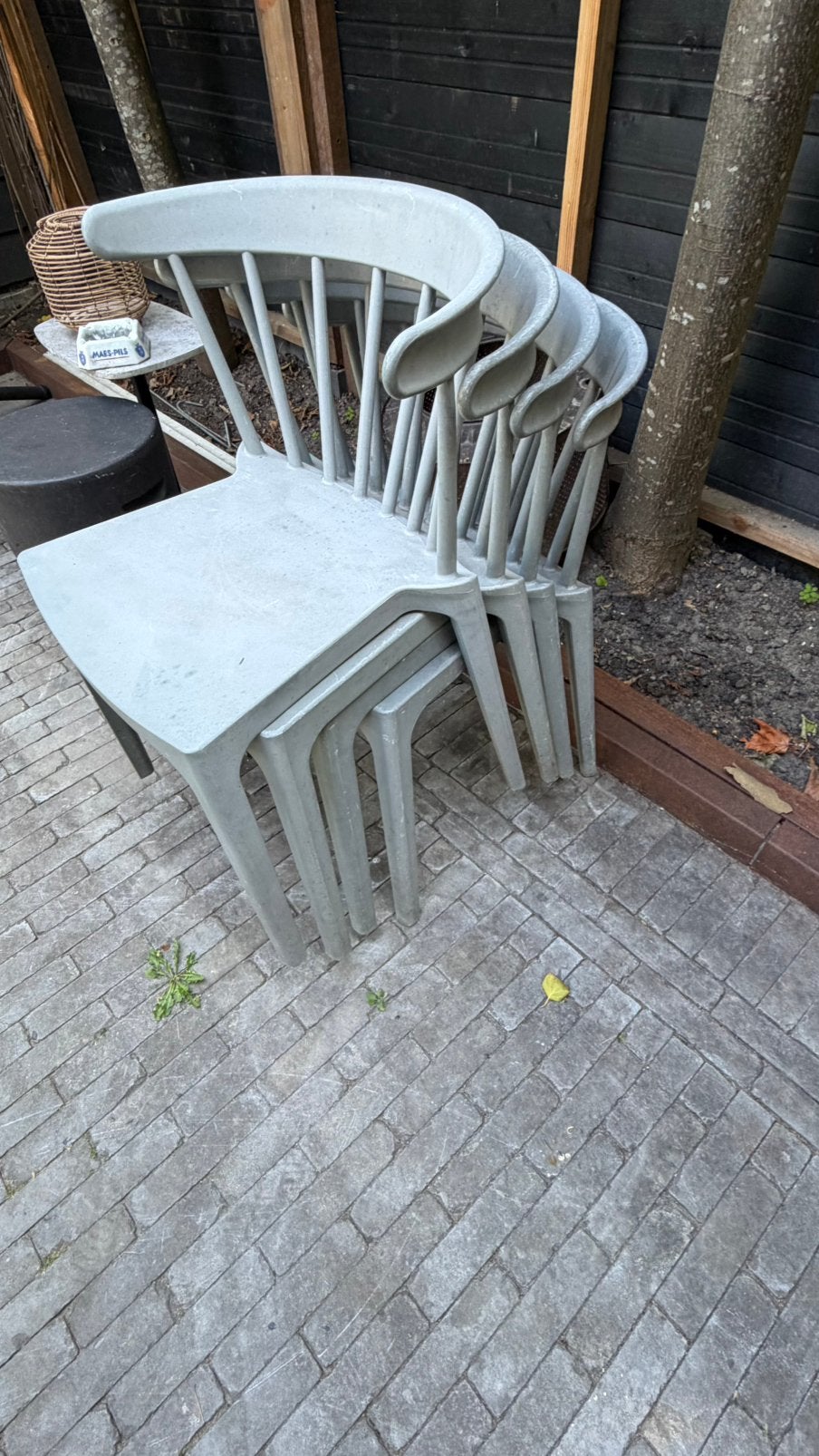 Woood Bliss spijlenstoelen, Ophalen, Gebruikt, Kunststof, Stapelbaar