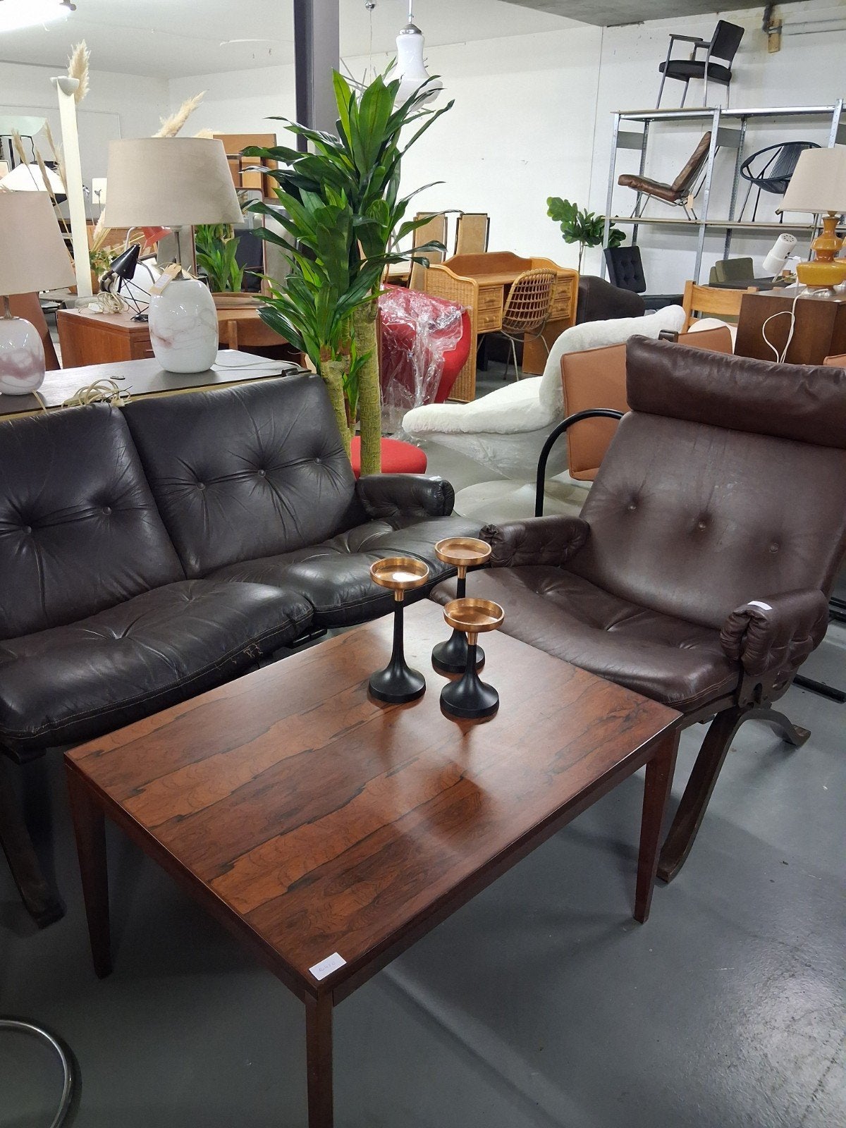 Vintage 2-zits bank en fauteuil - Bruin leer, Gebruikt, Onbekend, Onbekend, Ophalen