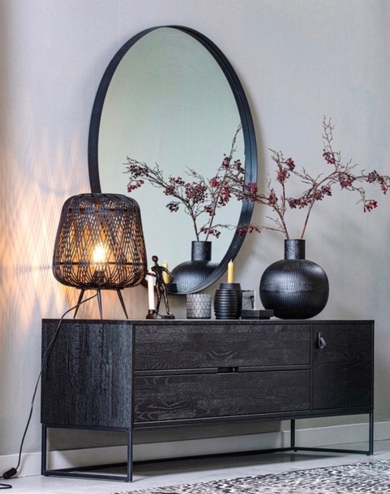WOOOD Doutzen Spiegel - Rond - Zwart Metaal - 115x115x5 cm, Ophalen, 100 tot 150 cm, Rond, Nieuw
