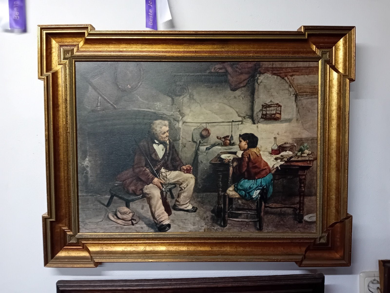 Antiek Schilderij: Opa en kleindochter in Interieur, Antiek en Kunst, Ophalen