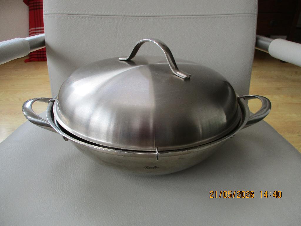 Fissler - RVS - wok - design, Gebruikt, Ophalen of Verzenden, Rvs, Keramische plaat