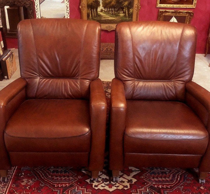 2 Fauteuils leren stoelen klassiek bruin vintage, Huis en Inrichting, Fauteuils, Ophalen, Gebruikt, 50 tot 75 cm, Leer