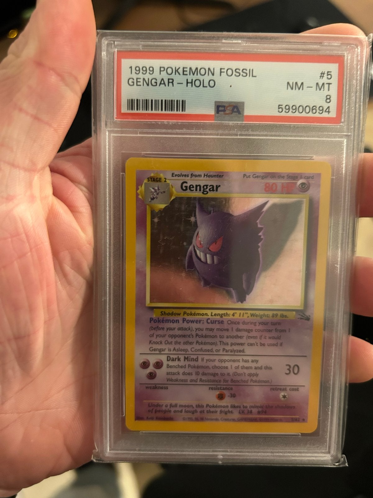 1999 Pokémon Fossil Gengar Holo PSA 8 NM-MT, Ophalen of Verzenden, Zo goed als nieuw, Losse kaart, Foil
