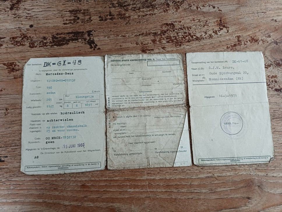 Oud kentekenbewijs Mercedes-Benz 190 (1960), Gelezen, Geen, Mercedes, Ophalen of Verzenden