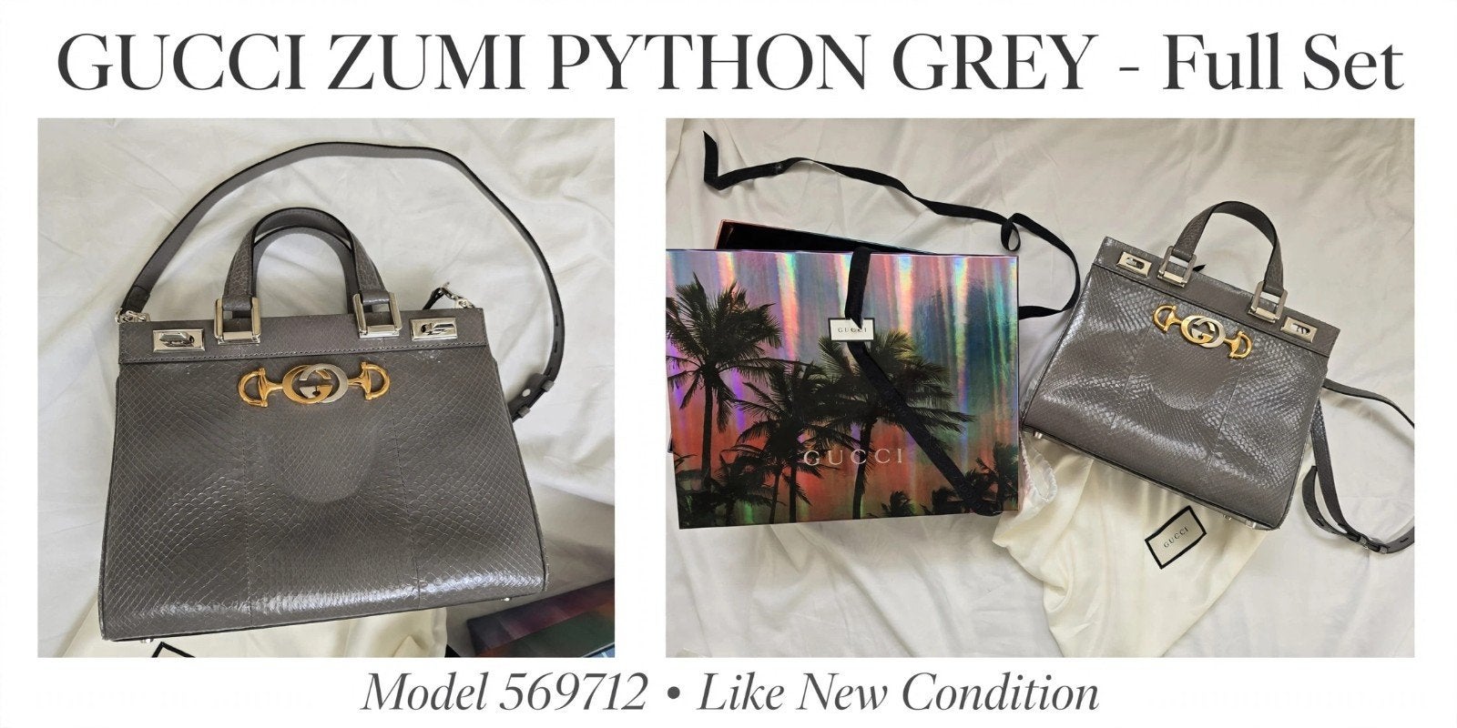 Te koop: Gucci Zumi Python Small Top Handle Grijs 7 Grey MOL, Ophalen