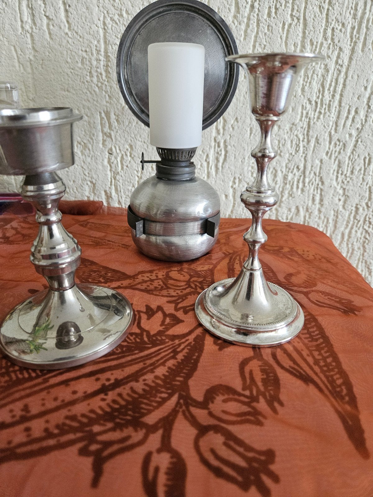 Antieke olielamp met spiegel en kandelaars, Antiek en Kunst, Ophalen