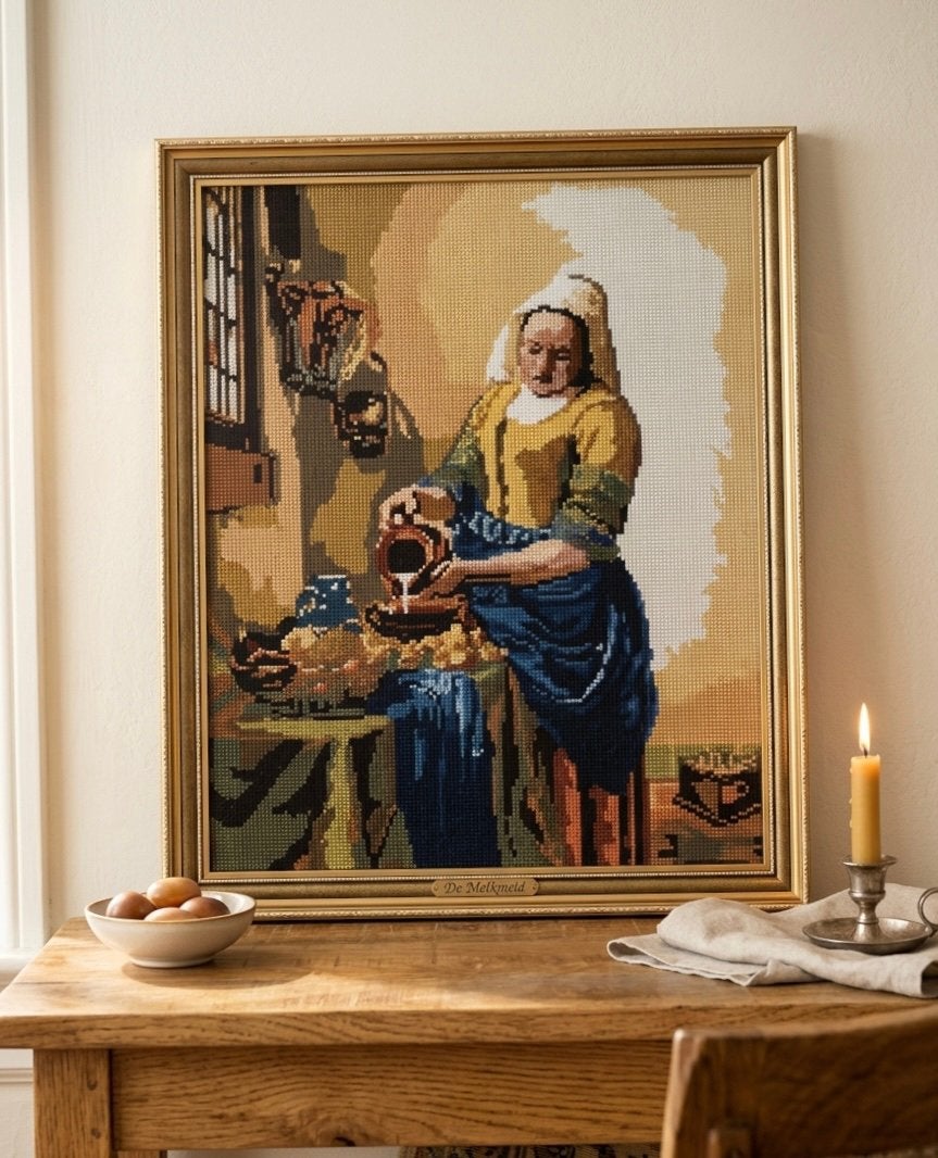 Prachtig groot vintage ingelijst borduurwerk Het Melkmeisje, Ophalen of Verzenden