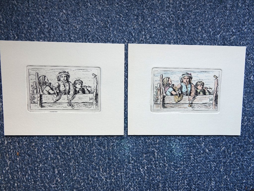 2 gravures 1x zwart/wit en 1x kleur, Ophalen of Verzenden, Dagelijks leven, Gravure, Dubbele gravure