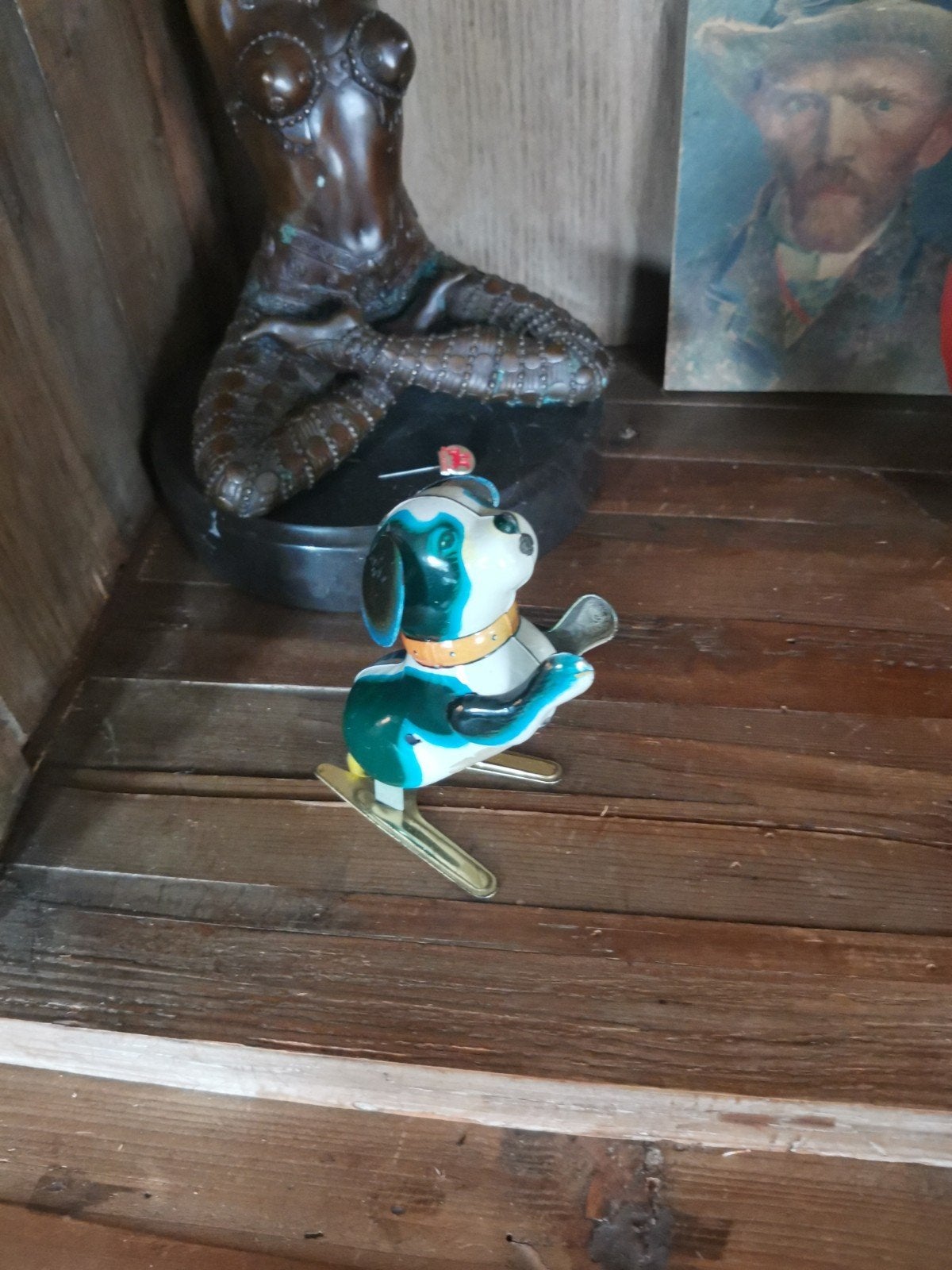 Vintage blikken speelgoed hondje op ski's - Opwindbaar, Ophalen of Verzenden