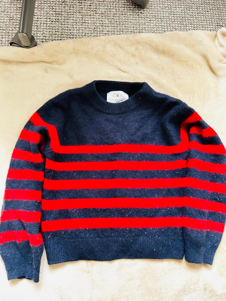 ZARA Kasjmier Trui - Marineblauw met Rode Strepen, Ophalen of Verzenden, Zo goed als nieuw, Maat 38/40 (M), Blauw