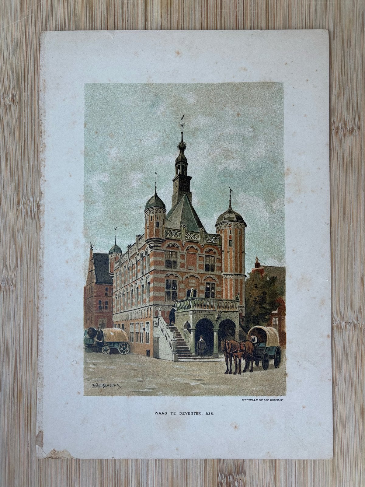 Antieke Lithografie Waag Deventer 1528 - Willem Steelink, Antiek en Kunst, 1800 - 1899, Met tekst, Stadsgezicht, Ophalen of Verzenden