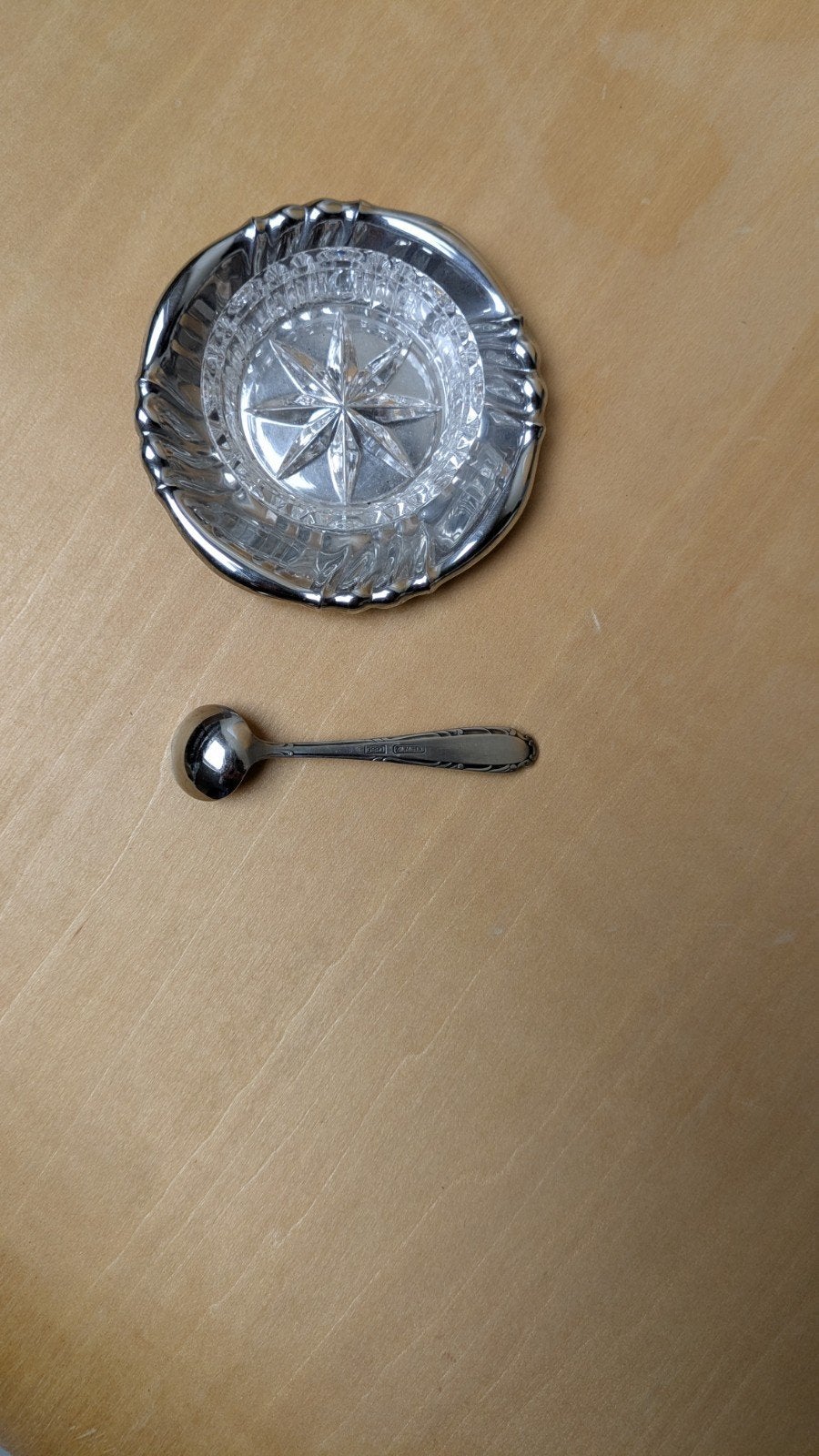 Vintage Zoutvaatje met Lepeltje - Glas en Metaal, Ophalen