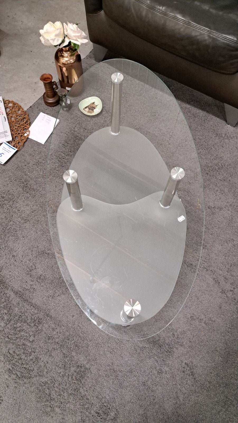 Glazen salontafel drie lagen ovaal, Ophalen, Minder dan 50 cm, Gebruikt, 50 tot 100 cm