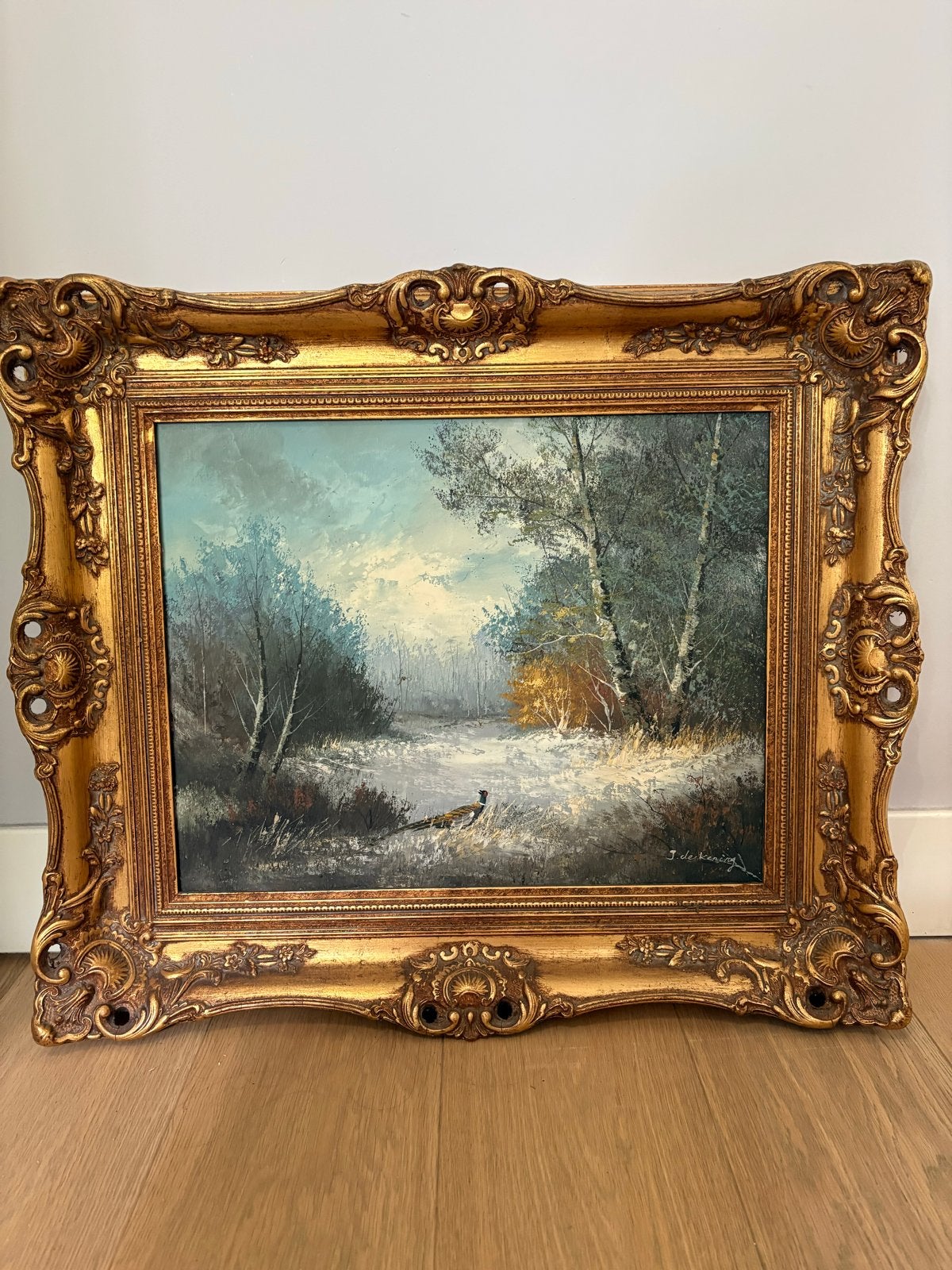 Schilderij: Winterlandschap met fazant, gesigneerd, Antiek en Kunst, Ophalen, Doek, Realistisch, Gesigneerd