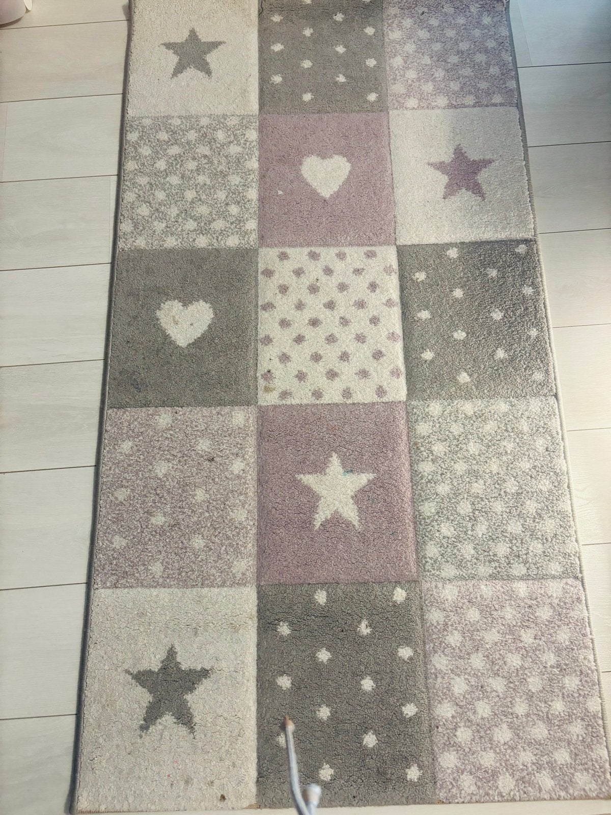 Vloerkleed kinderkamer sterren en harten 80x150 cm, Gebruikt, 100 tot 150 cm, Grijs, Rechthoekig