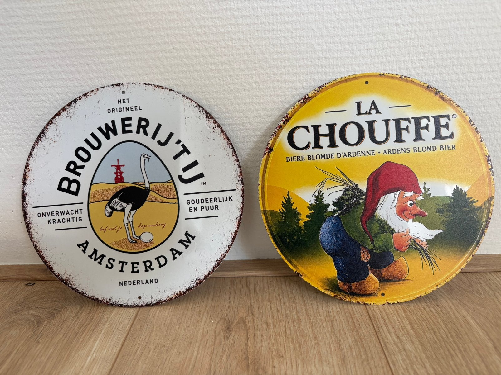 Prachtige vintage reclameborden La Chouffe & Brouwerij ‘t IJ, Ophalen of Verzenden, Zo goed als nieuw, Reclamebord