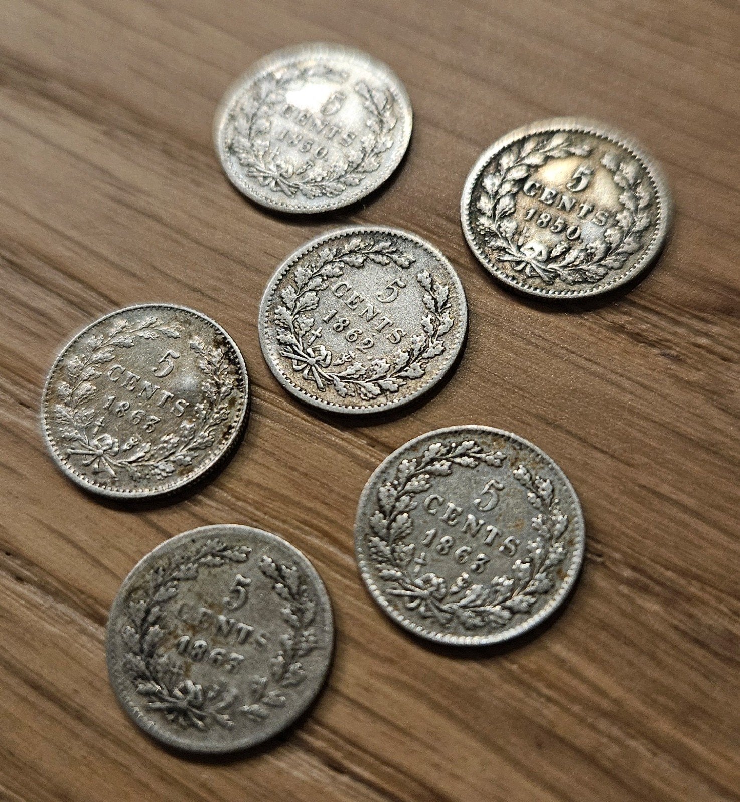 6x zilveren Nederlandse cent munt Koning Willem III, Koning Willem III, Setje, Zilver, Ophalen of Verzenden