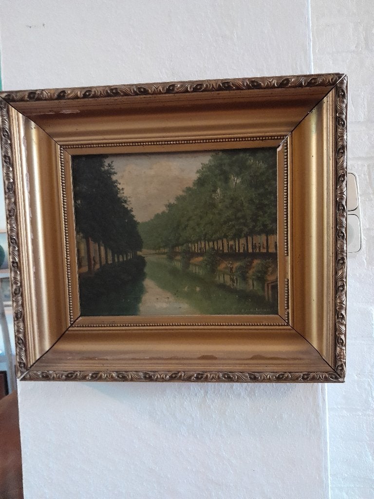 Schilderij,  gracht, huizen, bomen, Paneel, Nederlandse school, Ophalen of Verzenden, Olieverf