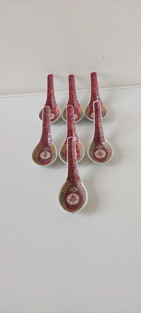 Set van 7 Vintage Chinese Soeplepels soep lepel - Roze/Rood, Huis en Inrichting, Overige materialen, Eu, Eu, Ophalen of Verzenden