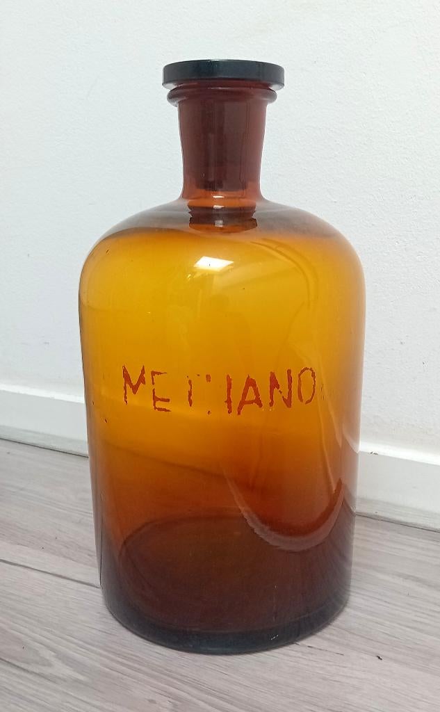 amber kleurige apothekersfles met opschrift, Antiek en Kunst, Antiek | Glas en Kristal, Ophalen of Verzenden