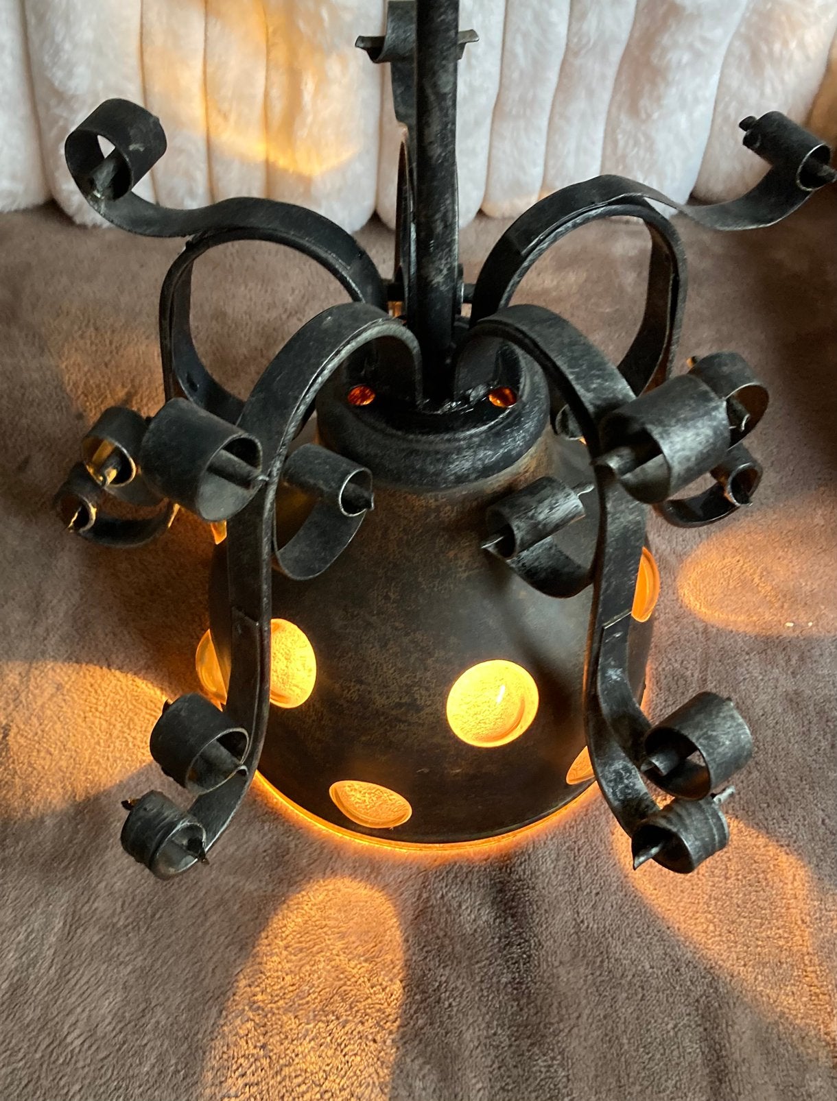 Vintage hanglamp koper metaal oranje geblazen glas bubbels., Ophalen of Verzenden, Zo goed als nieuw, Glas, Vintage antiek design brutalisme