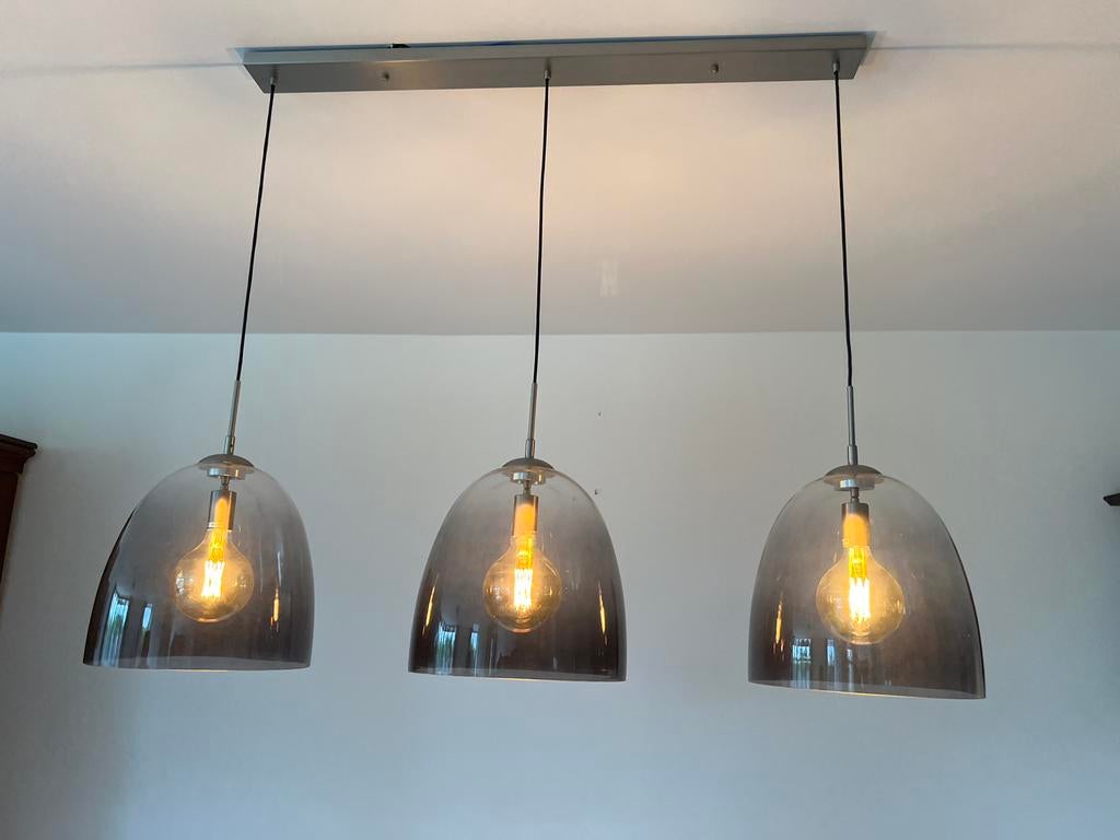 Hanglamp met 3 ovale kelken van rookglas, Ophalen, Zo goed als nieuw, Glas, Minder dan 50 cm