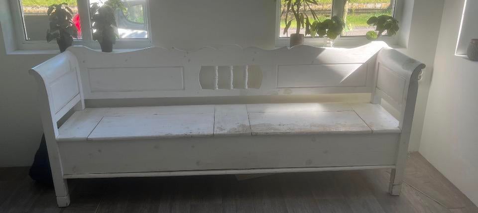 Oude brocante eetbank klepbank met armleuning 200 cm, Tuin en Terras, Tuinbanken, Ophalen, Gebruikt, Hout