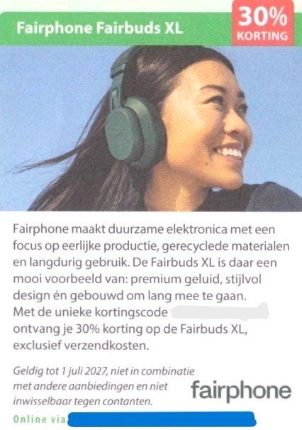 Fairphone Fairbuds XL - 30% kortingslink/code, Tickets en Kaartjes, Eén persoon, Kortingsbon, Warenhuis- of Winkelbon