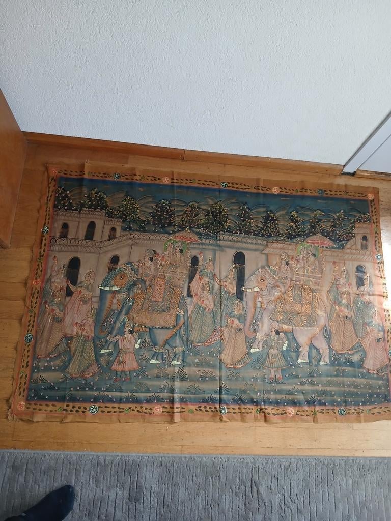 Schilderij wandkleed op stof India processie met olifanten., Ophalen of Verzenden