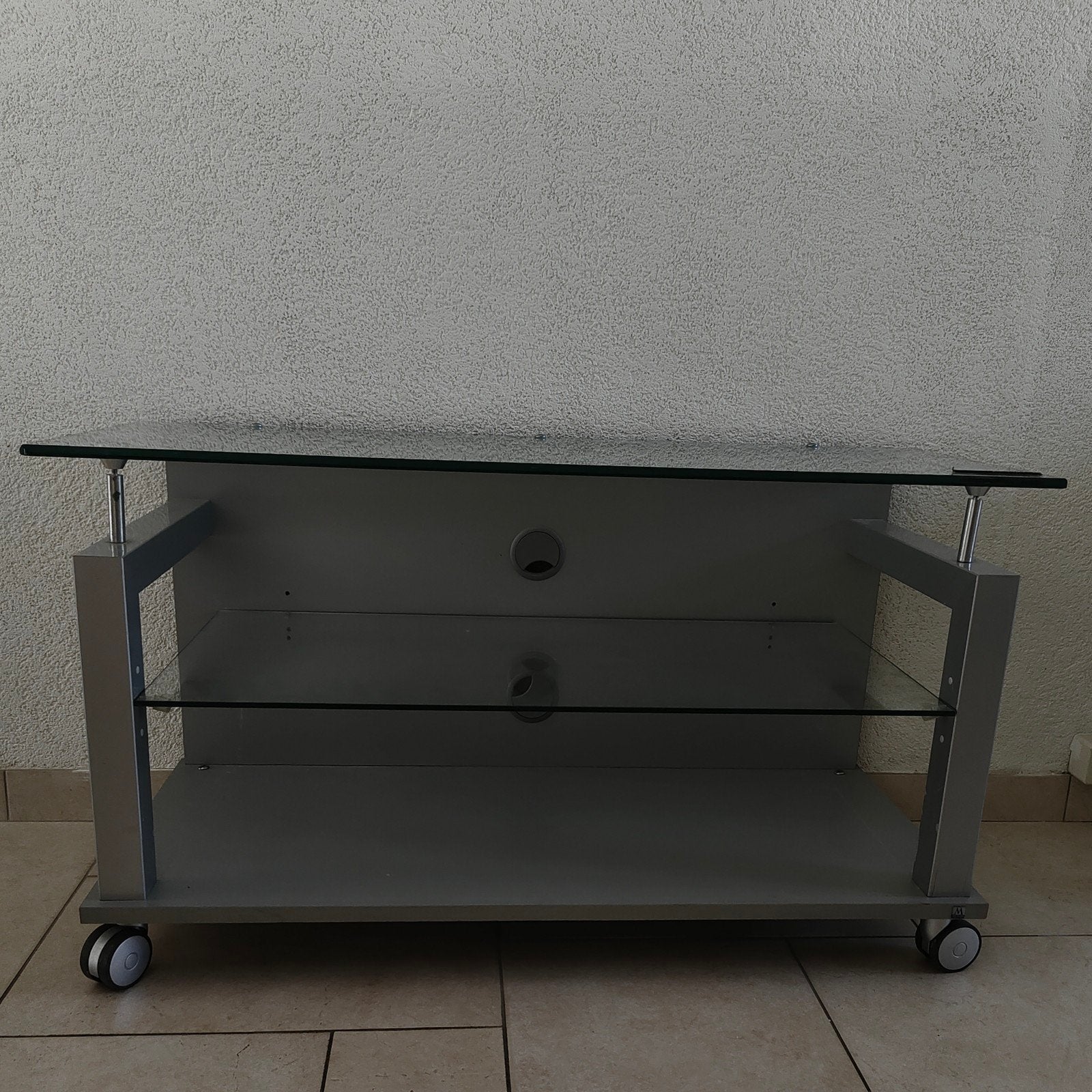Stijlvol TV-meubel met glazen planken en wieltjes, Ophalen, Gebruikt, Minder dan 25 discs, Glas