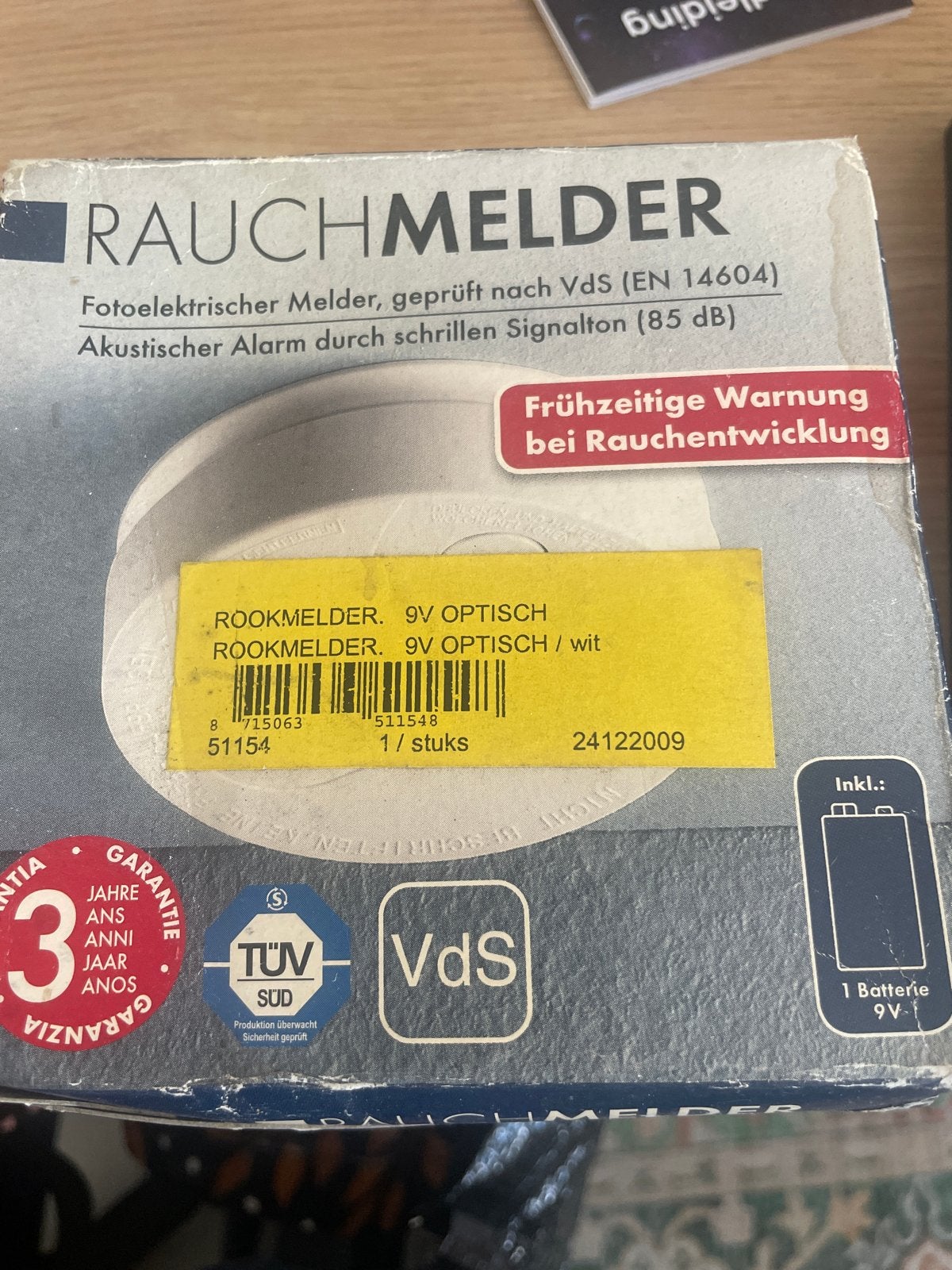 Rookmelder 9V Optisch - Nieuw in doos, Ophalen of Verzenden, Nieuw, Detector, Sensor of Melder, Rook