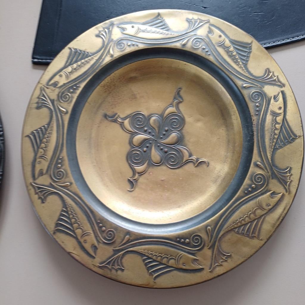 Koperen wand schaal met vissen en decoratie, Ophalen