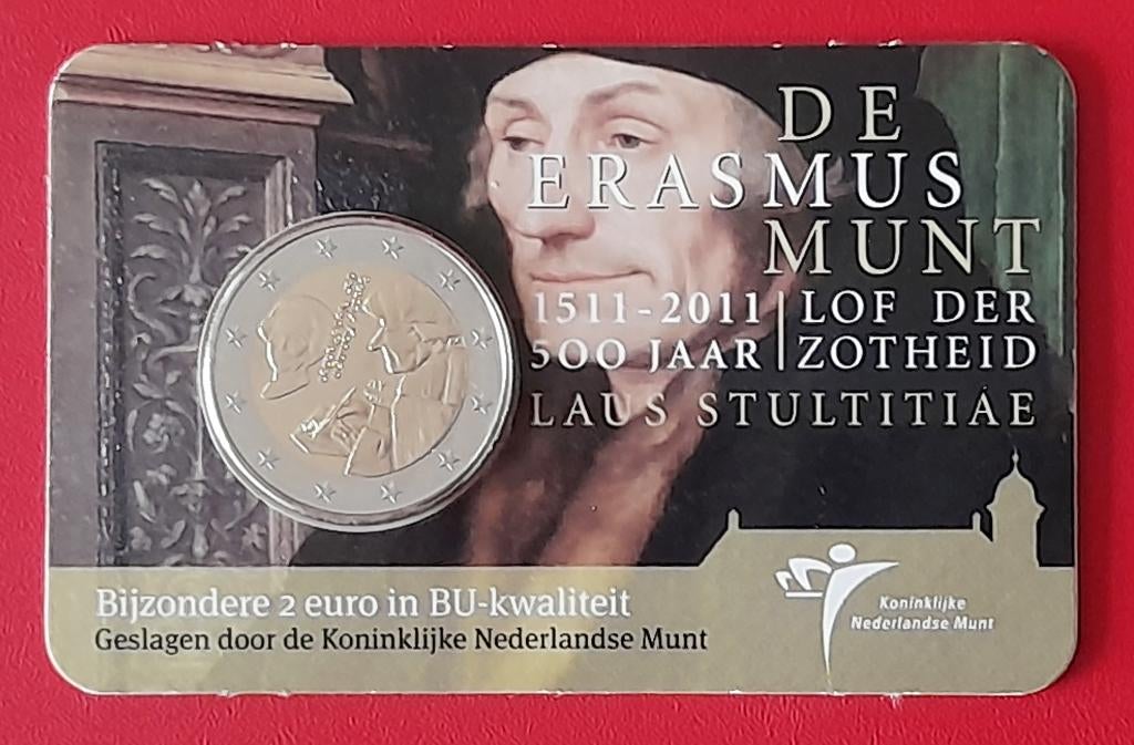 coincard Nederland 2 euro 2011 BU Erasmus, Postzegels en Munten, Munten | Nederland, Ophalen of Verzenden, Koningin Beatrix, Euro's