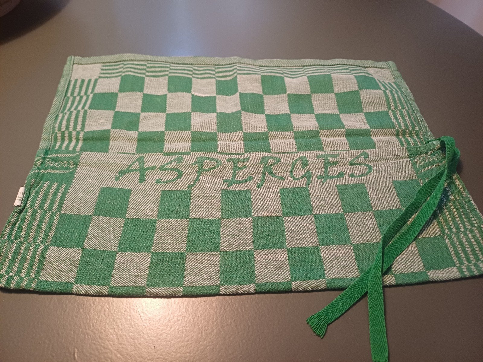 Groene geruite theedoek met 'ASPERGES' opdruk, Gebruikt, Katoen, Wasbaar, Groen