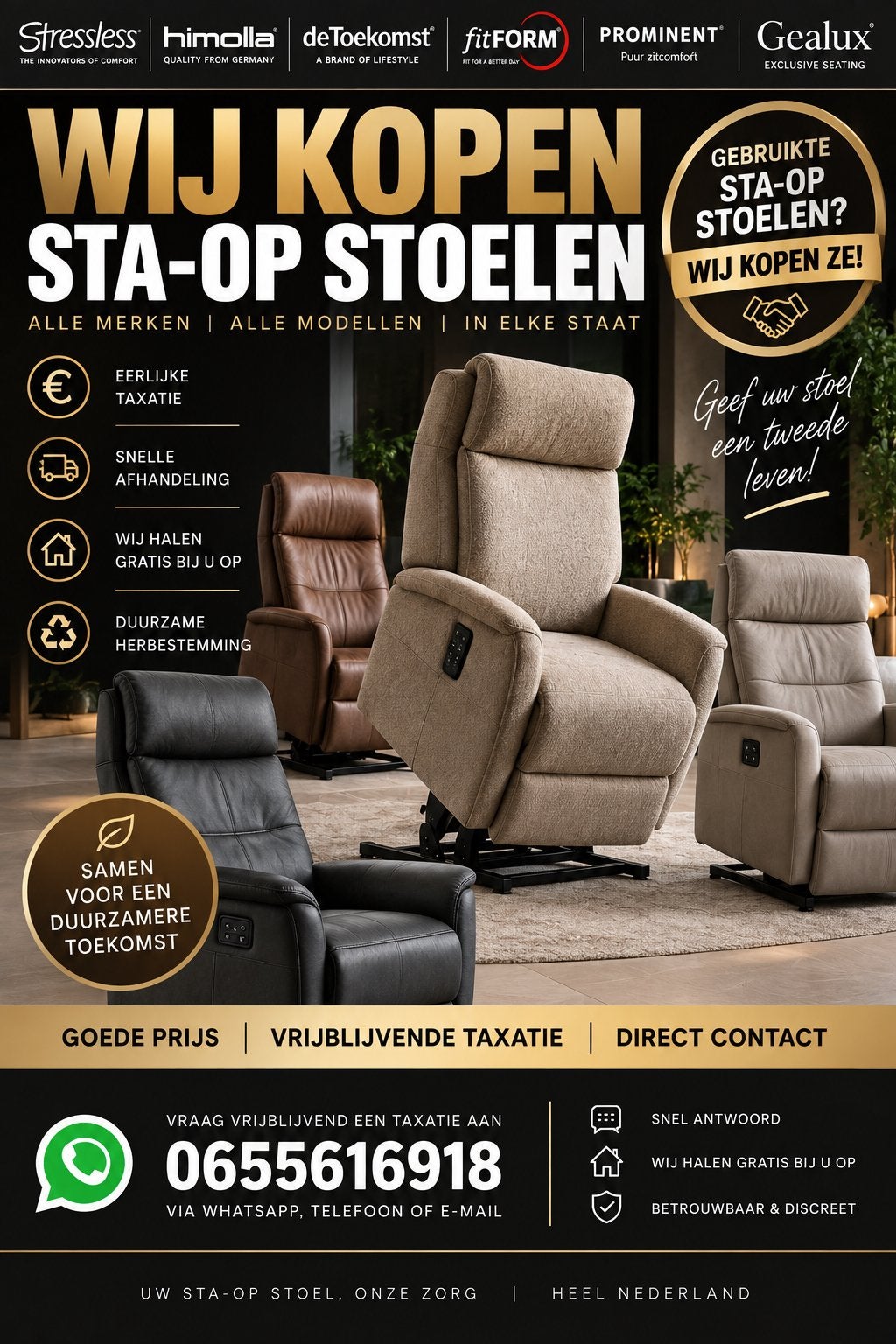 Sta op stoelen opkoper,snelle afhandeling, Huis en Inrichting, Ophalen, Zo goed als nieuw, 75 tot 100 cm, 50 tot 75 cm