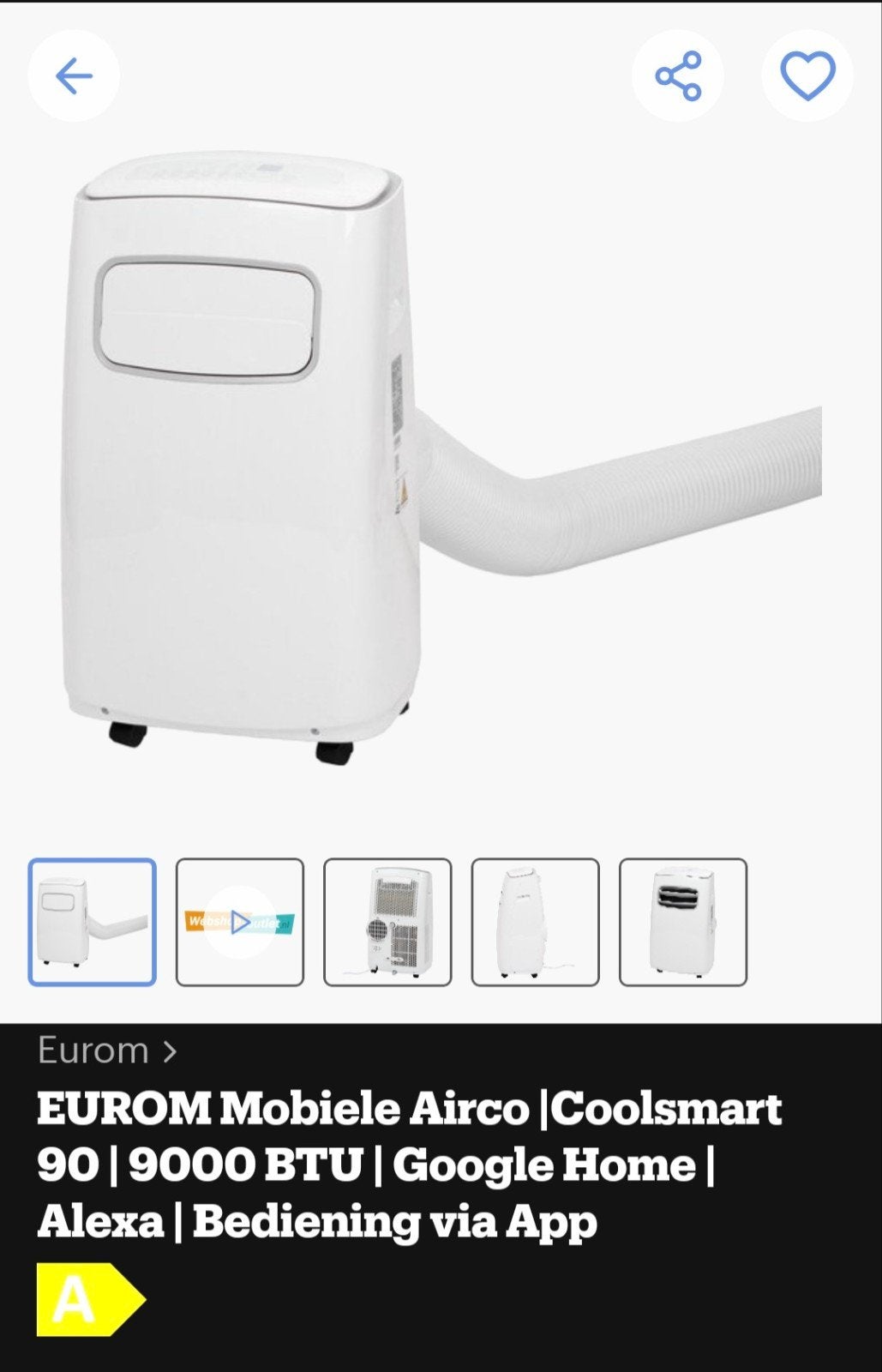 Eurom Mobiele Airco Coolsmart 90 | 9000 BTU | Google Home, Ophalen, Zo goed als nieuw, Mobiele airco, 3 snelheden of meer