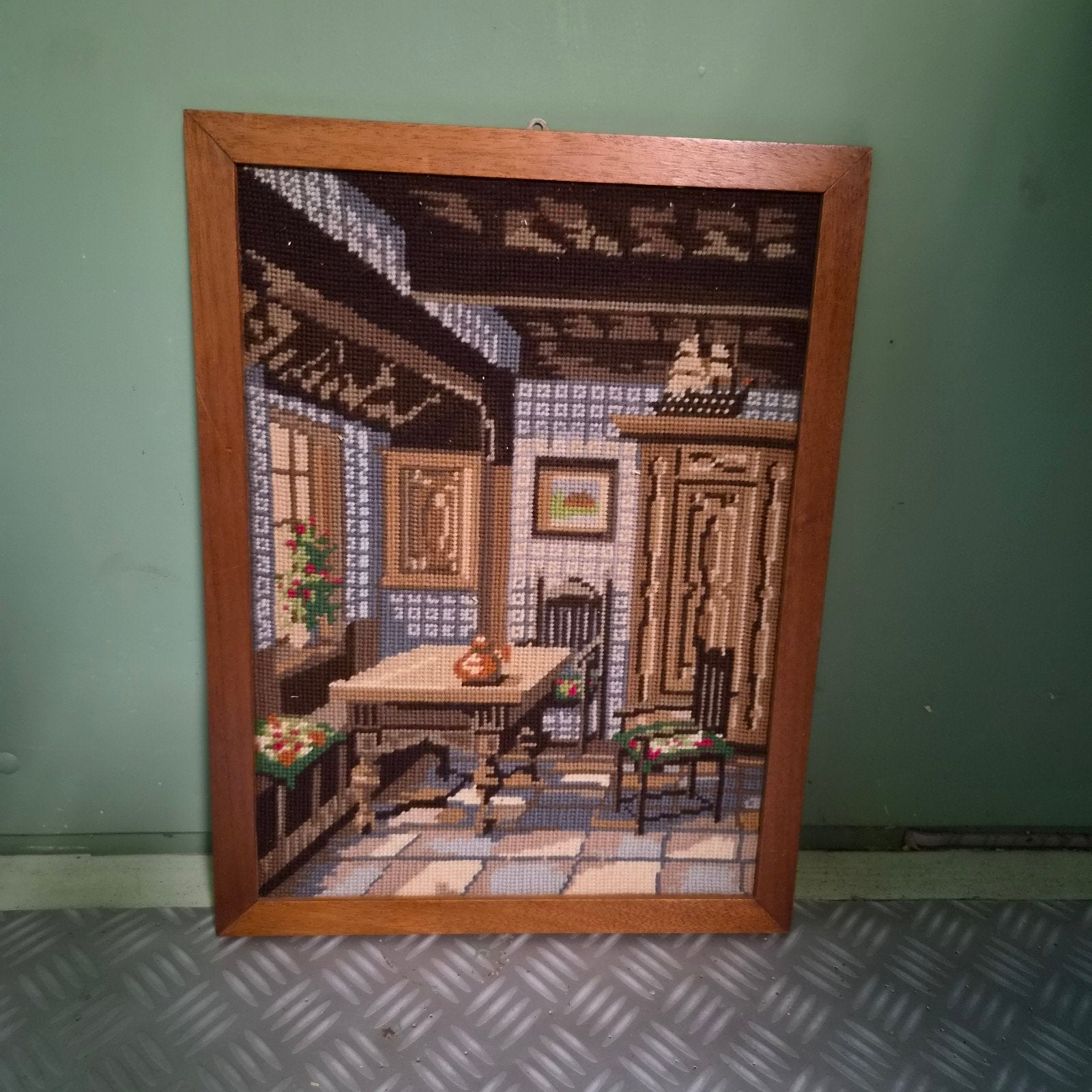 Vintage Borduurwerk Schilderij - Gezellige Kamer, Hobby en Vrije tijd, Ophalen of Verzenden, Gebruikt, Overige typen