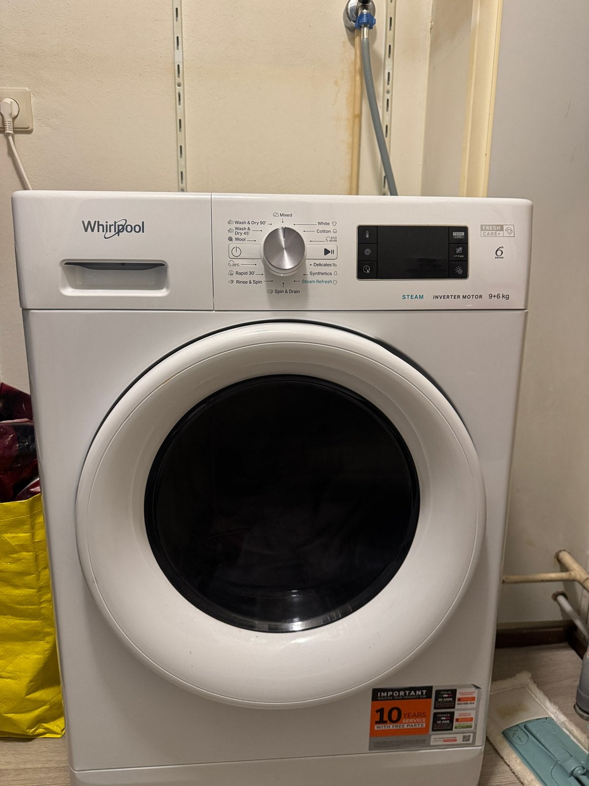 Whirlpool wasmachine met stoomfunctie en Inverter Motor, 10 kg of meer, Ophalen, Zo goed als nieuw, 85 tot 90 cm