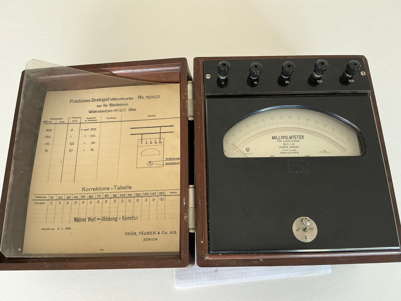 Trüb,Träuber & Co Millivoltmeter 0-300 m.Volt (1950), Ophalen of Verzenden, NA, NA, NA