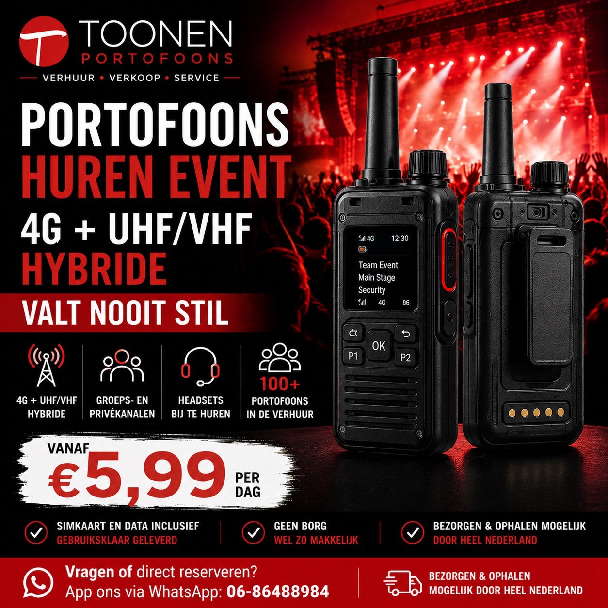 Portofoon huren | 4G landelijk bereik | 100+ op voorraad, Eén persoon
