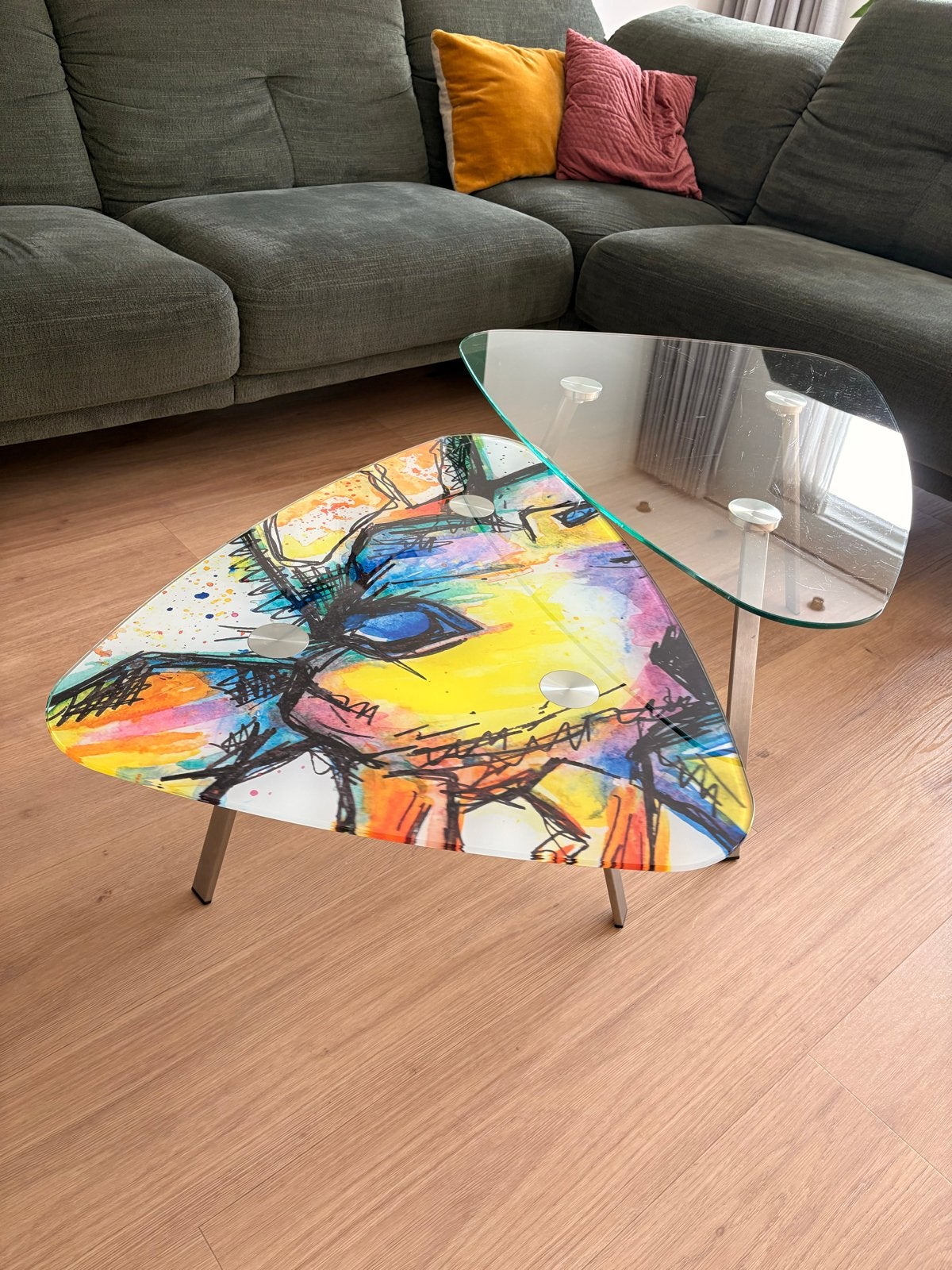 Set van 2 glazen salontafels: Bergamo doorzichtig & Giraffe, Ophalen, Gebruikt, 50 tot 100 cm, Glas