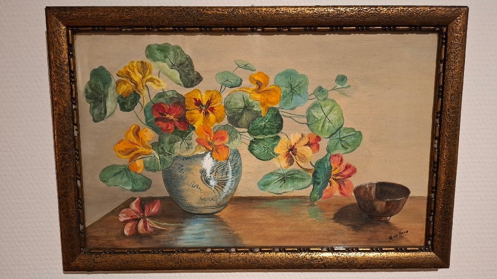 Gouache stilleven M. de Haas, Antiek en Kunst, Bloemen, Gouache, Bijzondere lijst, Realistisch