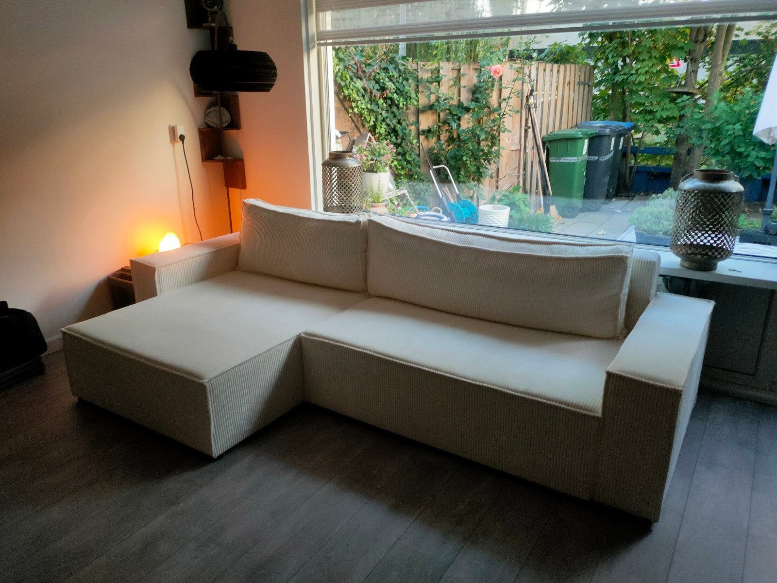 Moderne Hoekbank Crème Ribstof - Zo goed als nieuw, Ophalen, 250 tot 300 cm, 125 tot 150 cm, Hoekbank