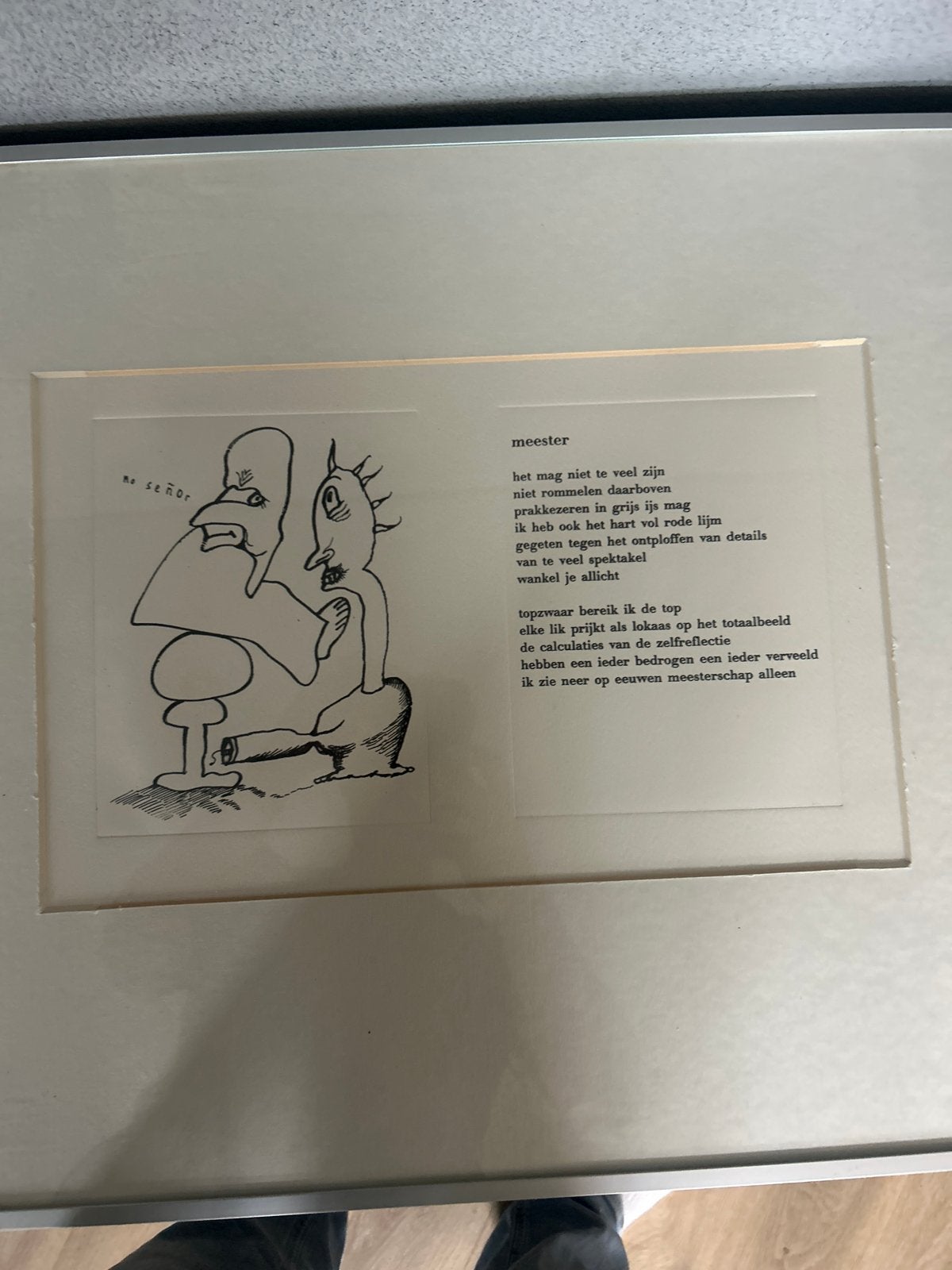 Ingelijste tekening met gedicht 'Meester' - 'no señor', Ophalen of Verzenden, Tekening, Pentekening, Ingelijst