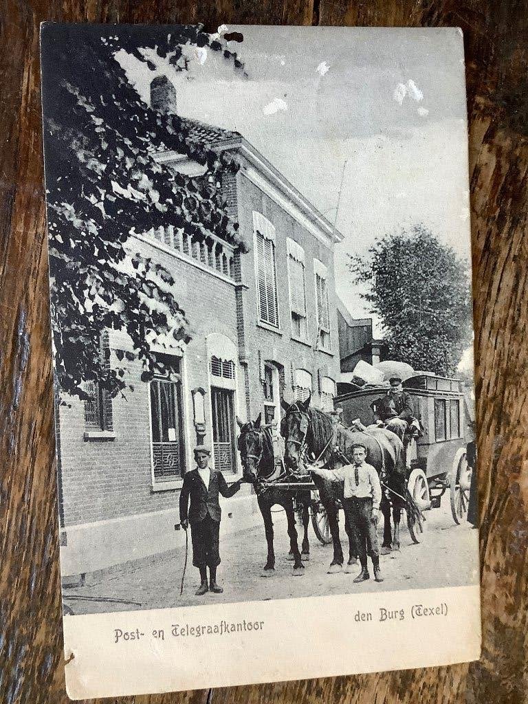 Den Burg 1908 Texel, post- en telegraafkantoor met postwagen, Ophalen of Verzenden, Voor 1920, Gelopen, Waddeneilanden