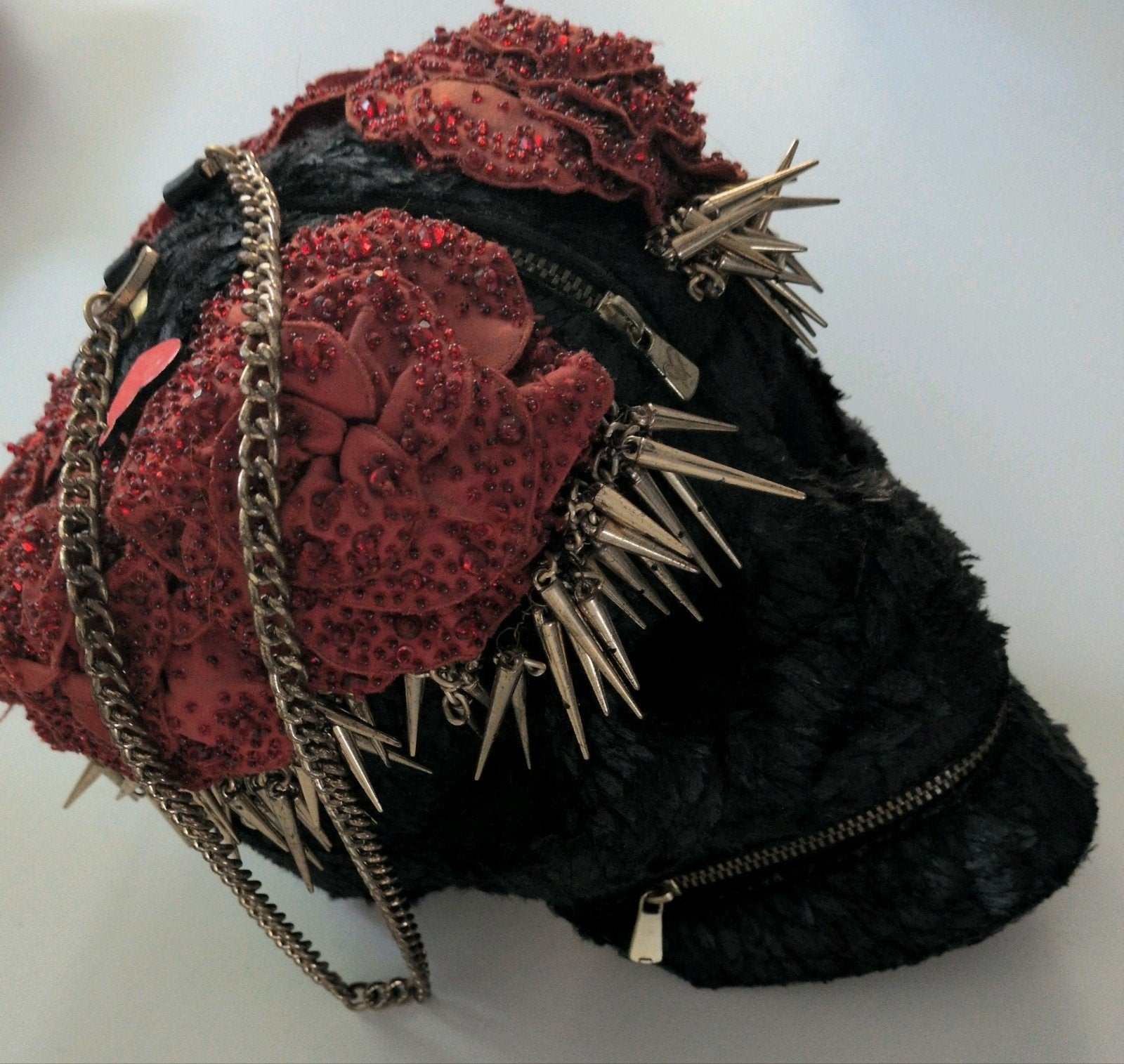 Unieke Skull Handtas met Spikes en Rode Bloemen, Ophalen of Verzenden, Gebruikt, Zwart, Handtas