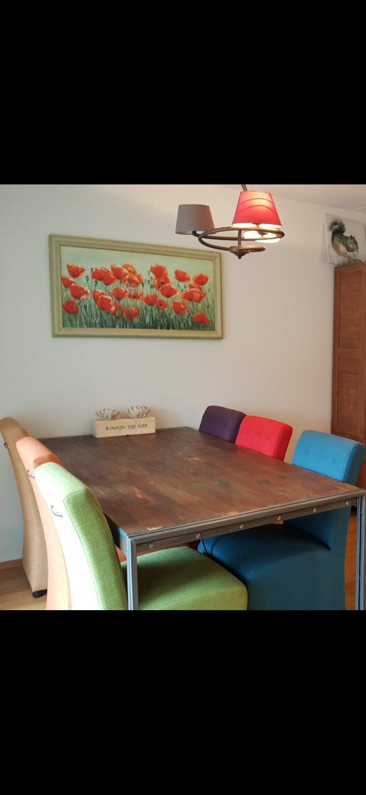 Eettafel met 6 stoelen - Stevig en kleurrijk, Huis en Inrichting, Gebruikt, 100 tot 150 cm, Vijf personen of meer, 150 tot 200 cm